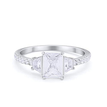 Three Stone Wedding Ring Emerald Cut Simulated CZ 925 Sterling Silver